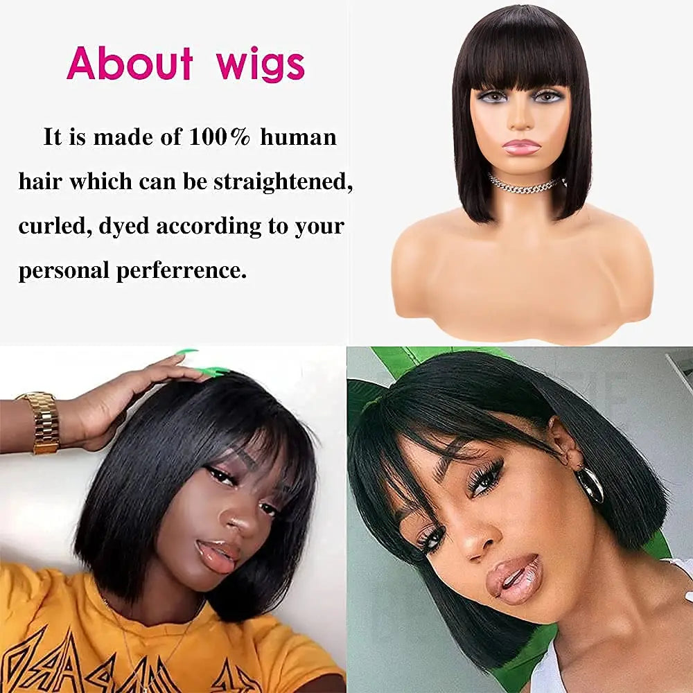 Human Hair Wigs Bob Wigs with Bangs Short Straight Hair Wigs 100% Brazilian Remy Human Hair None Lace Front Wigs Glueless Wigs