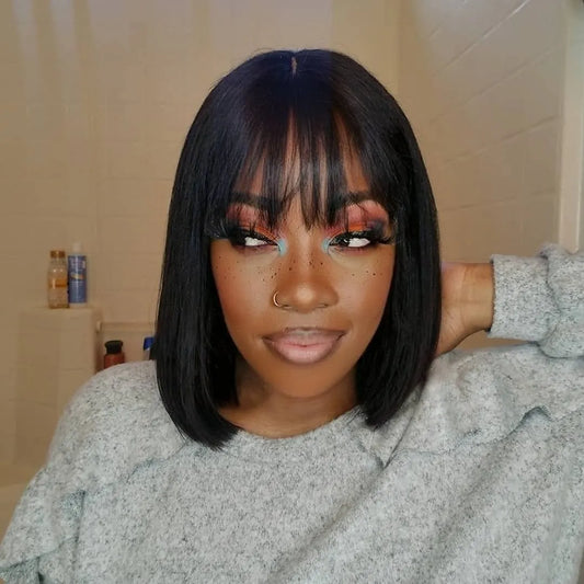 Human Hair Wigs Bob Wigs with Bangs Short Straight Hair Wigs 100% Brazilian Remy Human Hair None Lace Front Wigs Glueless Wigs